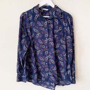 Artisan NY Button Up Blue Paisley Top Size L Blouse Retro Disco Collared Shirt